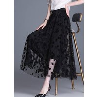 Two-sided flocked mesh skirt for women, slim, medium-length, new spring style, high-waisted A-line skirt, pleated skirt with large swing
