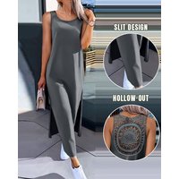 Summer Solid Everyday Backless Hollow Out Lace Sleeveless Slit Dress