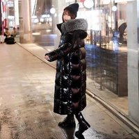 Women's Clothing Jacket New Style Down Cotton Jacket Women's Over the Knee Long Cotton Jacket Black Shiny Super Thick Real Fur Collar Cotton Jacket