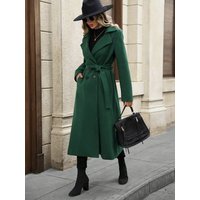 Women's Long Double Breasted Trench Coat With Notched Lapel & Belt - Wool Blend Overcoat In Black/Green/Khaki/Charcoal/Check For Fall Winter