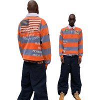 Fashion High Street Harajuku Hip Hop American Retro Y2K Top Tee Polyester Lapel Stripe Collision Long Sleeve Casual Loose T Shirt