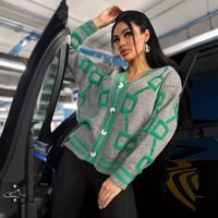 Clothing Autumn Winter Casual contrast Letter Single breasted Long sleeved Knitted Sweater Cardigan Jacket