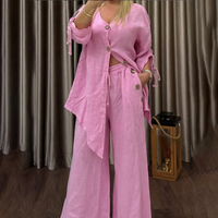 Clothing Solid Cotton Linen Loose Irregular Button Suit Female V Neck Cardigan Wide Leg Pants 2 Piece Set