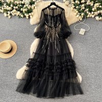 Elegant Long Sleeve Embroidered Mesh Dress With Sequins & 3D Lace For Women - Slim Fit Formal Gown