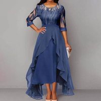 Clothing Lace Stitching Chiffon Dress Bridesmaid Dress Temperament Round Neck Mid Sleeve Long Dress