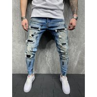 European Slim Fit Ripped Jeans Pants Paint Print Holes Denim Pants