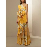 Waist Casual Print Oblique Shoulder Dress