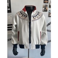 Clothing Blocked Design Ethnic Style Embroidered Stand Up Collar Jacket Autumn Fair Isle Knit Cardigan Coat Top