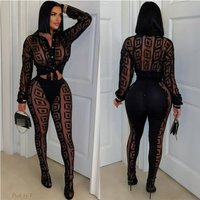 Y2671 Sheer Mesh Printed Shirt & Pants Set – Sexy Lingerie Inspired Outfit Long Sleeve & High Waist
