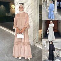 Elegant Embroidered Maxi Dress – Modest Muslim Dress Hollow Stitching & Cotton Blend 