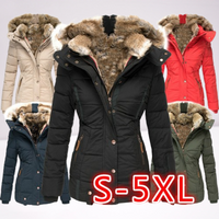 Winter Fleece Lined Hooded Coat Faux Fur Trim Slim Fit Zip Up Long Sleeve Jacket Cold Weather Casual & Elegant Outerwear