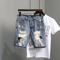 ClothingMens Cat Whisker Hole Denim Shorts Needle Embroidery High Street Handsome Beggar Pants Slim Fit Feet Versatile Shorts