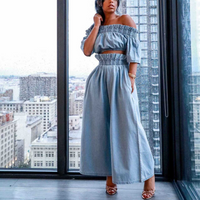Clothing One Shoulder Navel Baring Top Short Sleeved Wide Leg Solid Denim Suit