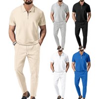 Men's Sets 2024 Autumn New Men's Solid Color Waffle Polo Neck Short Sleeve Zipper Pants Set