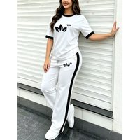 Fresh Casual 2 piece Set Double Leaf Print Colorblock Tee & Drape Slim Side stripe Wide Leg Pants Jogging Shopping Trips