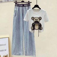 Clothing Jeans Suit Summer Diamond Bow Short Sleeved T Shirt High Waist Denim Wide Leg Pants Trend