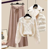 Clothing Sweater Wide Leg Pants Trendy Winter Outfit Set Petite Knit Sweater Thick Vest & Wide Leg Pants Stylish & Youthful