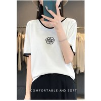 Clothing Summer Curved Beaded Ice Linen Silk V Neck Short Sleeve T Shirt Thin Block Floral Print Knitted Top