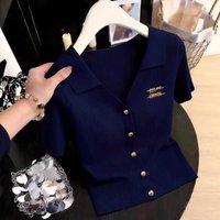 Korean Style Short Sleeve Knit Top – Slim Fit Lapel Collar Breathable & Elegant 