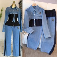 Muslim Denim Sweatshirt Patchwork Conservative Long Sleeved Trousers Wide Leg Straight Leg Trousers Set