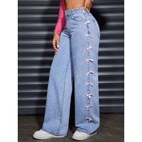 Design Butterfly Ins Style Jeans Wide Leg Washed High Waist Straight Long Pants