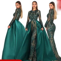 Elegant Mermaid Wedding Dress With Long Sleeves & Lace Detailing – Deep V-Neck, Floor-Length Train – Champagne & Emerald Green
