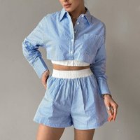 Clothing Striped Shirt Long Sleeved Two Piece Suit Fashion Casual Elastic Waist Shorts Suit