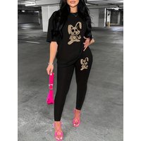 Casual Fashion Cartoon Rabbit Pattern Printed Loose T shirt+cropped Pants Two piece Home Sportswear Daily Wear 405