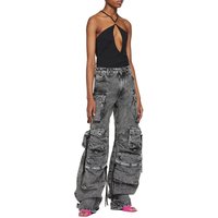 Clothing Street Trendy Style Fashionable Smoky Spliced Multi Pocket Overalls Street Washed Distressed Long Wide Leg Pants