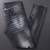 Men's Slim Fit Ripped Jeans High Waist European Trend Slightly Elastic Denim Long Pants Simple Generous Youth Style Black Jeans