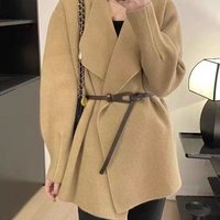 Women's Elegant Korean-Style Chunky Knit Cardigan Asymmetrical Hem Belted Long Sleeve Blazer Lapel Button-Up Sweater Coat