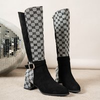 Shoes Elastic Geometric Print Knee Length Boots Autumn Winter Style Cuff Thick Heel Versatile Ankle Boots