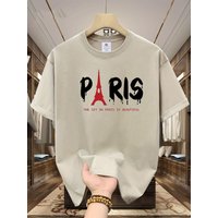 Men's Spring And Summer Fashion Short Sleeved T-shirt 100% Cotton Paris Eiffel Tower Print Casual Slim Fit Versatile Top