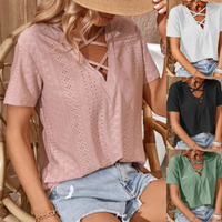 Breathable Jacquard Loose Fit V Neck T Shirt & Summer Casual Short Sleeve Top Cutout Design