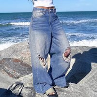 Clothing Ripped Jeans Loose Straight High Street Summer Thin Ins Beggar Wide Leg Pants