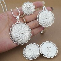 Four Piece Of Ethiopian Silver Necklace Pendant Bracelet Earrings Ring Classic Jewelry Set