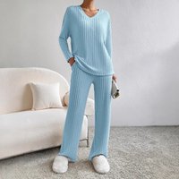Clothing Two Piece Suit Fashion Casual Straight Pants Temperament Loose V Neck Pit Striped Knitted Suit
