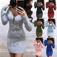 Women's Clothing Sweater Mid-Length Zipper V-Neck Coat Dress