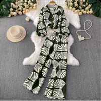 Women's Clothing Fashion Suit Summer Design Of Niche Printed Bubble Long Sleeved Shirt High Waist Slim Wide Leg Pants Two Piece Suit