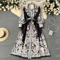 Clothing Spring Autumn Style Lantern Sleeve Lapel Single Breasted Printed Dress Waist Sweeping Palace Style Long Skirt Trendy