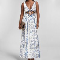 Women’s Clothing Women’s French Style Suspender Skirt Temperament Printing Casual Lace Waist Sexy Dress