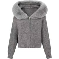Clothing style all match large fur collar hooded zipper lazy style sweater cardigan jacket autumn winter high end knitted sweater top