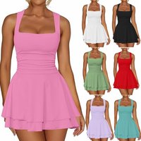 Women's Clothing Hot Sale Square Neck Waist Pleated Hem Mini Short Dress