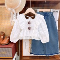 Mother & 2024 Spring Autumn Cute Puff Sleeve Top Plus Straight Jeans Two piece Set