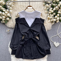 Clothing retro design two piece shirt female temperament round neck contrast stitching off shoulder long sleeved skirt female