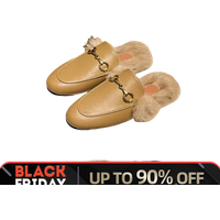 Metal buckle soft leather rabbit hair half slipper cotton shoes to wear Muller head winter fur shoes a slipper Comfortable women’s slippers