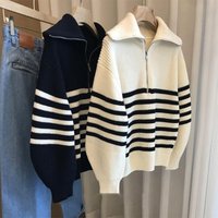 "Half Zip Collared Sweater – Striped Pullover Knit Top "