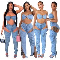 Clothing Sexy Chest Wrap Backless Top Personality High Waist Split Zipper Jeans Two Piece Set