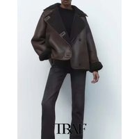 TRAF 2023 Fashion Leisue Casual Leathe Shit Coat Belt Jacket Coat Top Coat Autumn Winte Long Sleeve
