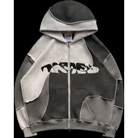 Street Style Men's Women's Patchwork Color Contrast Zippered Hoodie With Open Thread Design, Loose Fitting Jacket And